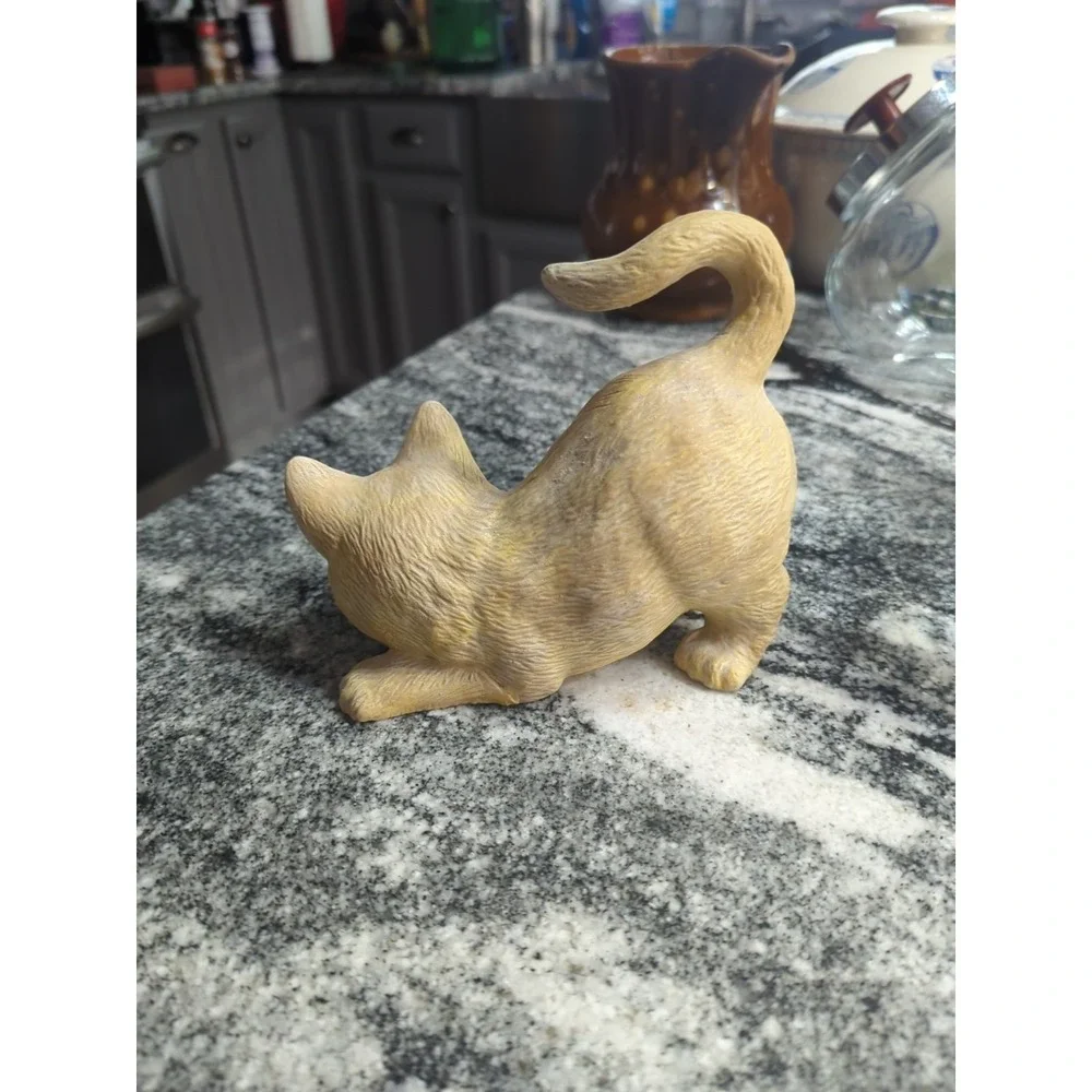 Vintage Playful Yellow Tabby Cat Bisque Ceramic Kitty Figurine Pouncing Kitten